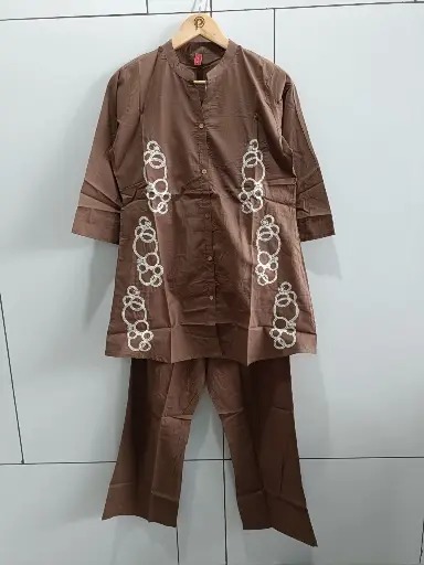 Coffee Brown Abstract Embroidered Cotton Co-ord Set