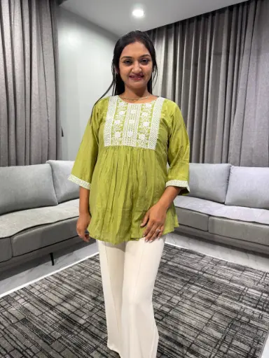 Olive White Embroidered Imported Top