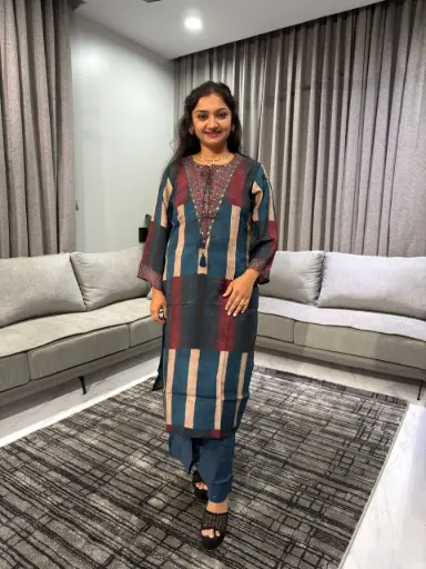 Teal Ajrakh Stripe Muslin Kurta Set
