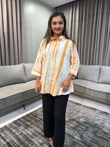 Orange Pure Cotton Tie & dye Printed Shirt Top