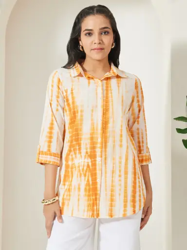 Orange Pure Cotton Tie & dye Printed Shirt Top