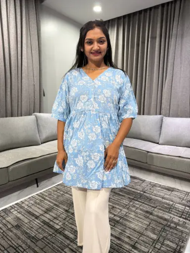 Powder Blue Pure Cotton Floral Printed A-Line Top