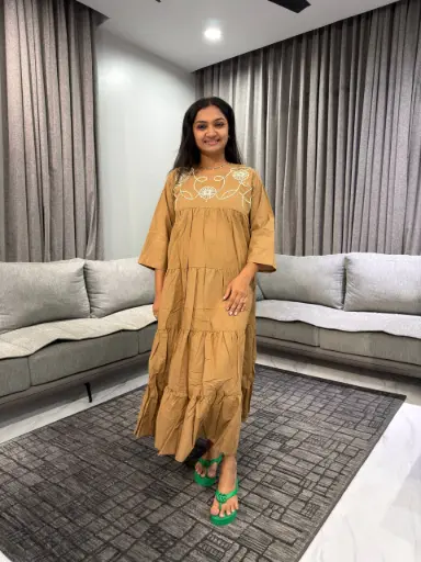 Sandstone Bloom Tiered Cotton Maxi Dress