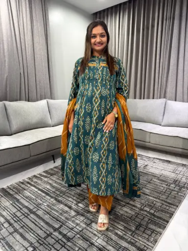 Teal Mustard Ikat Cotton Suit Set
