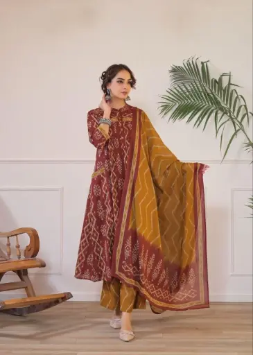 Maroon Mustard Ikat Cotton Suit Set