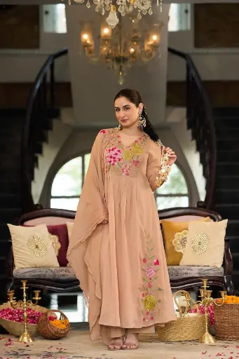 Sand Beige Floral Embroidered Crush Cotton 3-Piece Suit Set