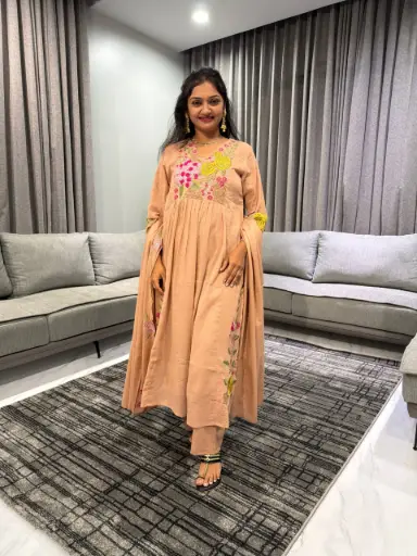 Sand Beige Floral Embroidered Crush Cotton 3-Piece Suit Set