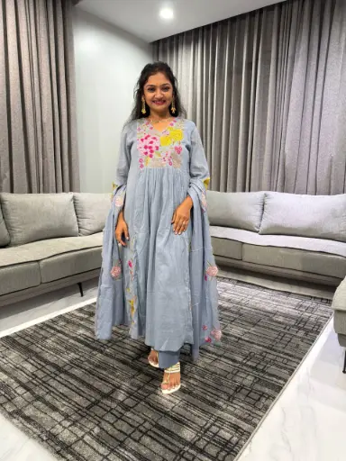 Mist Blue Floral Embroidered Crush Cotton 3-Piece Suit Set