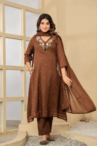Mocha Elegance Mull Cotton Suit Set