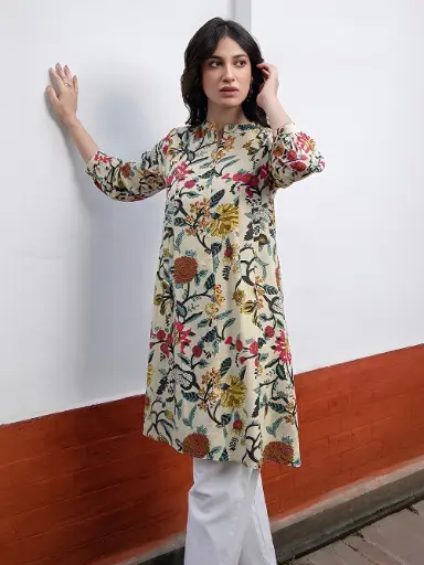 Beige Pure Cotton Floral Printed A-Line Tunic
