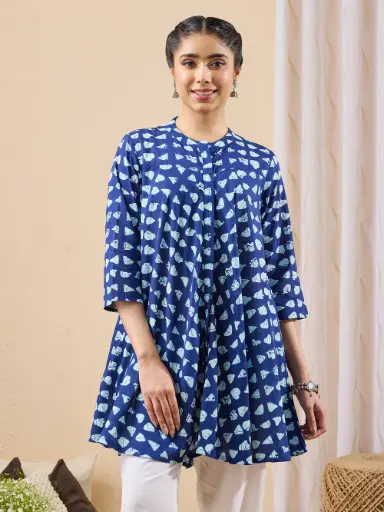 Blue Pure Cotton Printed A-line Tunic