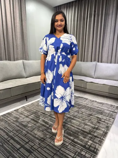 Royal Blue Pure Cotton Floral Printed Fit & Flare Dress