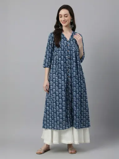 Navy Blue Pure Cotton Floral Printed A-Line Flared Kurta