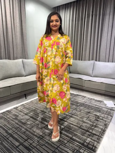 Mustard Pure Cotton Floral Printed A-Line Flared Kurta