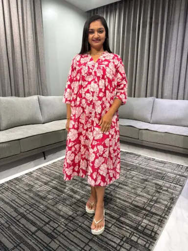 Pink Pure Cotton Floral Printed A-line Kurta