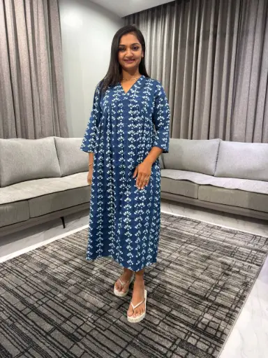 Blue Pure Cotton Ethnic Motifs Printed Gathered Kurta