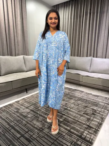 Sky Blue Cotton Floral Printed A-Line Maternity Kurta