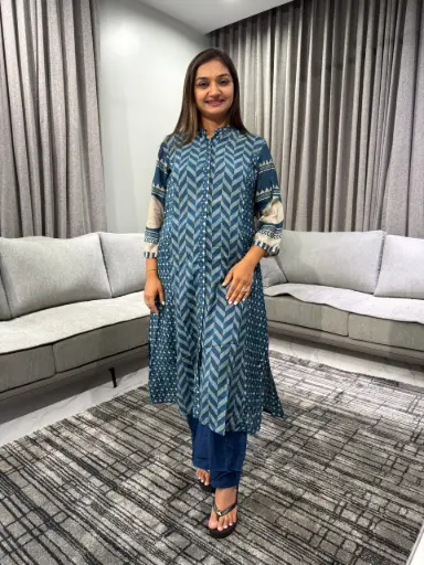 Teal Chevron Muslin Kurta Set