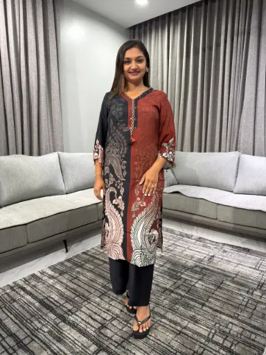 Rust Red & Charcoal Kalamkari Viscose Muslin Kurta Set