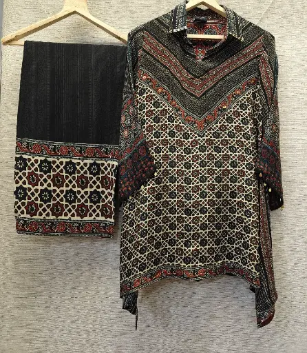 Crimson & Charcoal Ajrakh Natural Crepe Coord Set