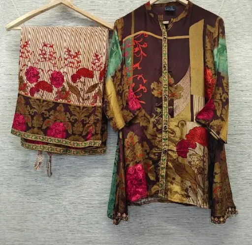 Chocolate & Magenta Floral Patchwork Natural Crepe Coord Set