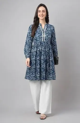  Indigo Pure Cotton Floral Printed A-Line Tunic