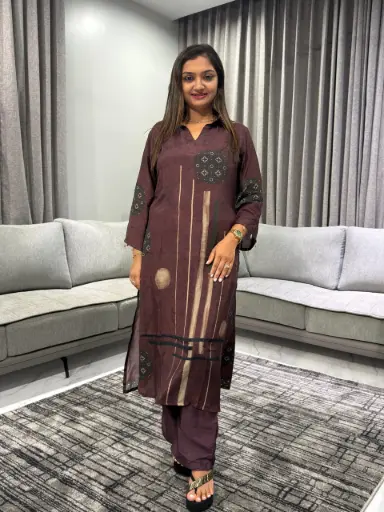 Cocoa Abstract Viscose Muslin Kurta Set