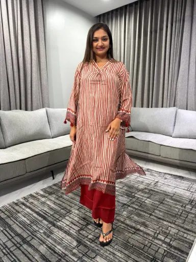 [2346] Ruby Stripe Viscose Muslin Kurta Palazzo Set 