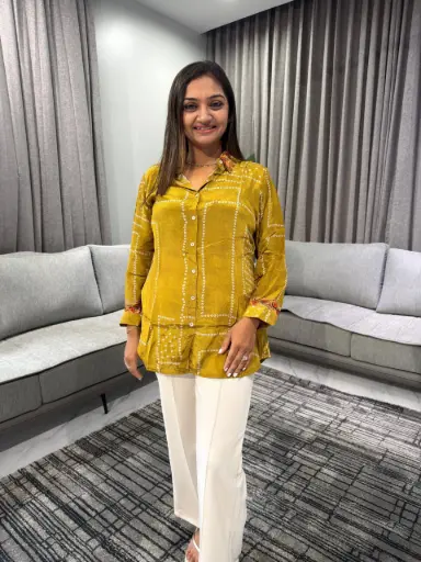 [2349] Mustard Gold Natural Crepe Designer Shirt