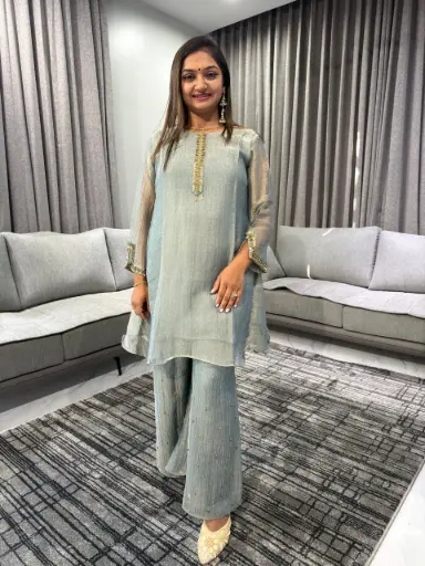 [2352] Frost Blue Crush Shimmer Designer Co-ord Set