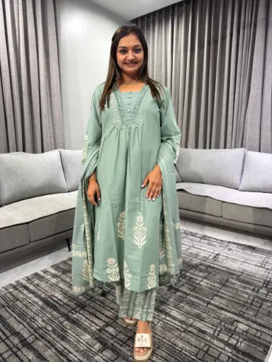 [2363] Sage Bloom Premium Cotton 3-Piece Kurta Set