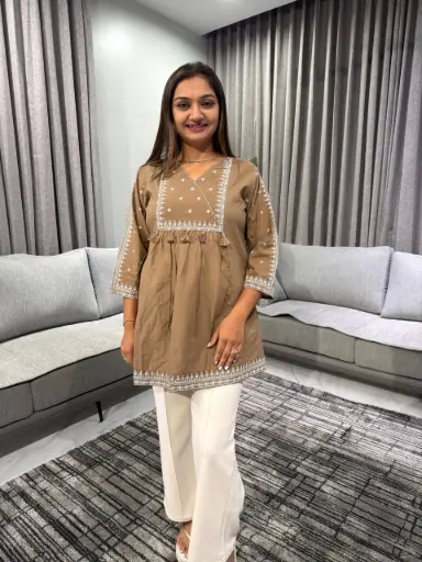 [2368] Mocha Grace Pure Cotton Embroidered Tunic