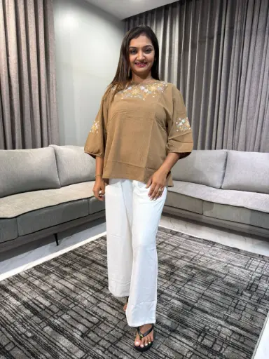 [2380] Mocha Bloom Embroidered Top