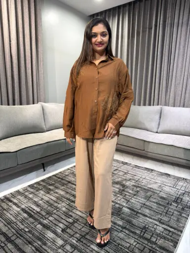 [2384] Mocha Bloom Oversized Linen Shirt