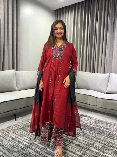 [2391] Maroon Elegance Pure Cotton 3-Piece Suit Set