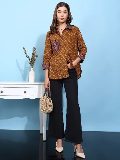 [2393] Mustard Heritage Pure Cotton Printed Shirt
