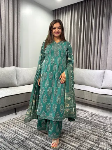 [2397] Emerald Bloom Pure Cotton 3-Piece Suit Set