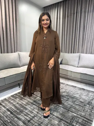[2398] Mocha Blossom Pure Cotton 3-Piece Suit Set