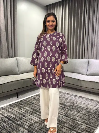 [2407] Royal Plum Pure Cotton Printed Tunic
