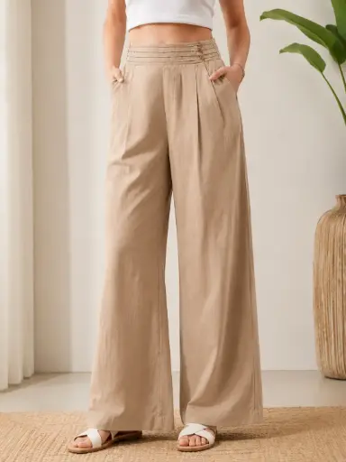 [2414] Sand Beige Imported Linen Wide Leg Palazzo