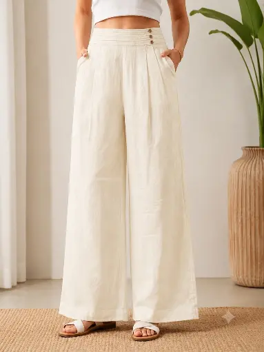 [2415] Ivory Elegance Imported Linen Wide Leg Palazzo