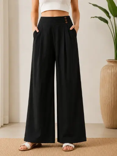 [2417] Midnight Black Imported Linen Wide Leg Palazzo