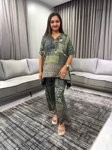 [2419] Olive Patchwork Premium Discharge Rayon Co-Ord Set