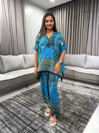 [2421] Ocean Blue Patchwork Premium Discharge Rayon Co-Ord Set