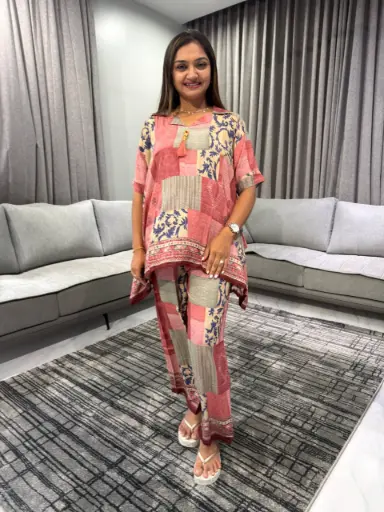 [2424] Blush Patchwork Premium Discharge Rayon Co-Ord Set