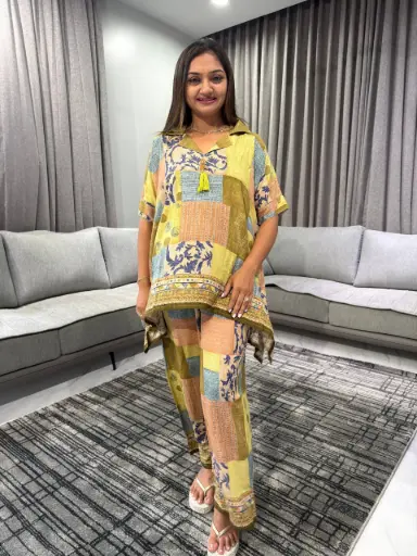 [2425] Mustard Patchwork Premium Discharge Rayon Co-Ord Set