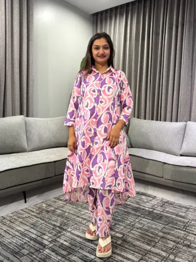 [2427] Pink Abstract Printed Pure Cotton Kurta Set