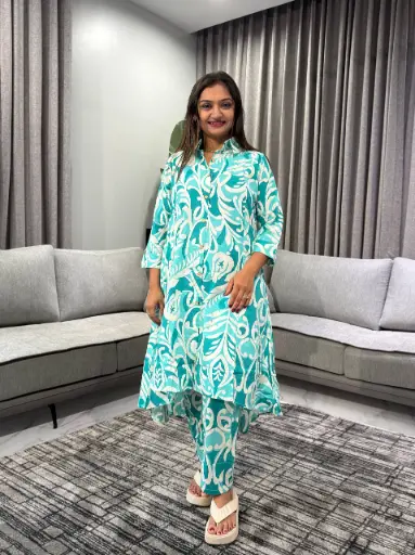 [2428] Aqua Abstract Printed Pure Cotton Kurta Set