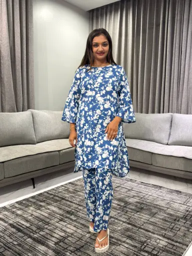[2432] Blue Pure Cotton Floral Printed Straight Co-ord Set