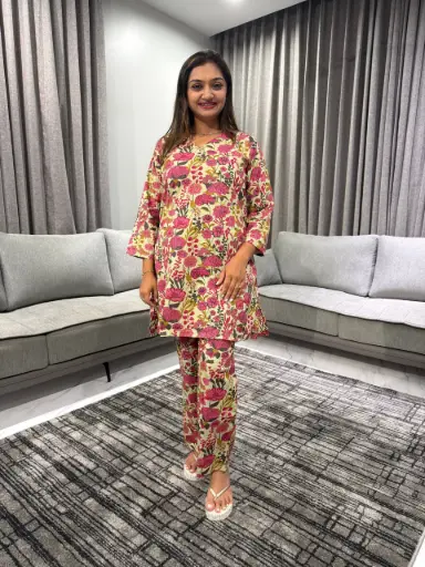 [2433] Mint Color Cotton Floral Printed A-line Co-ord Set